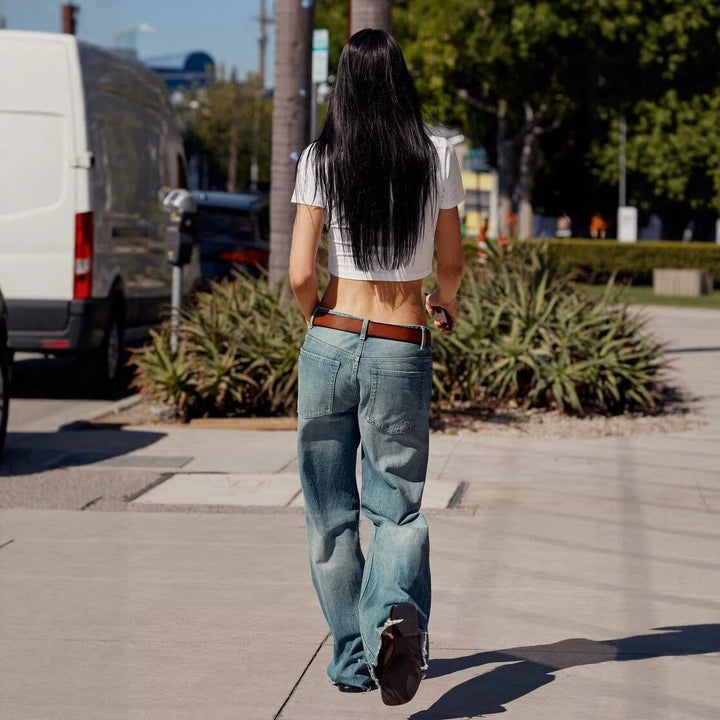 Damen High‑Waist Schlagjeans mit Destroy-Effekt und ausgefranstem Saum Drune