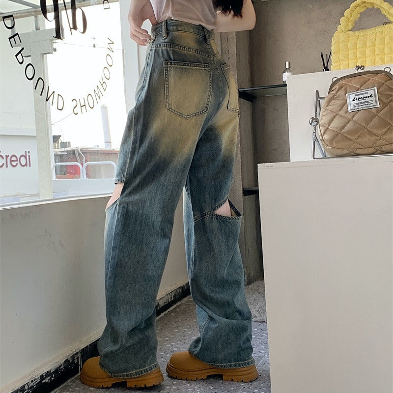 Damen Weite Denim-Hose mit asymmetrischen Knöpfen Drune