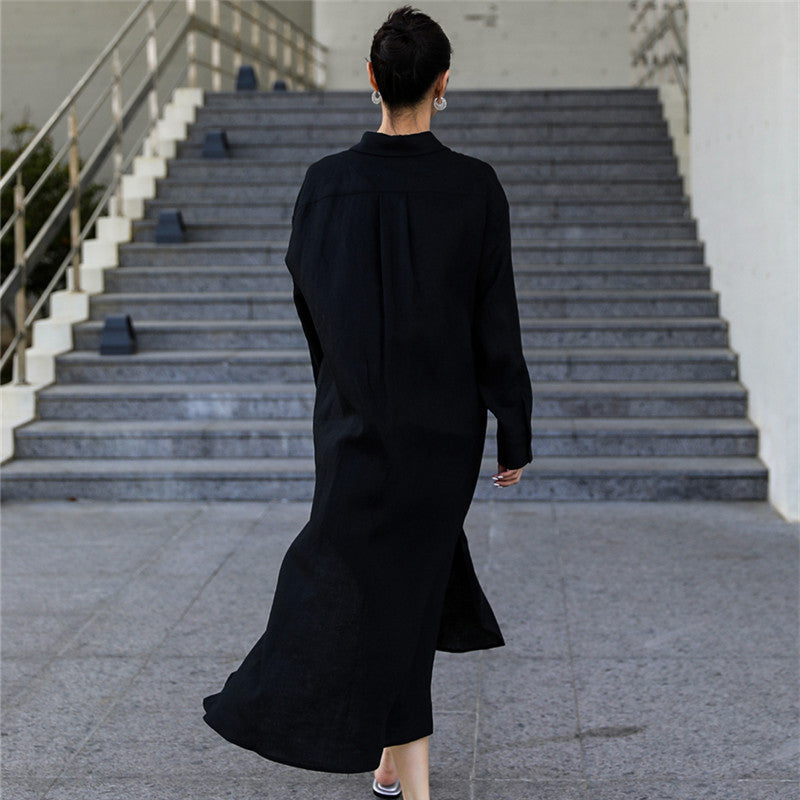 Damen Langes Leinen‑Hemdkleid mit kastiger Oversize‑Silhouette und Seitenschlitzen Drune