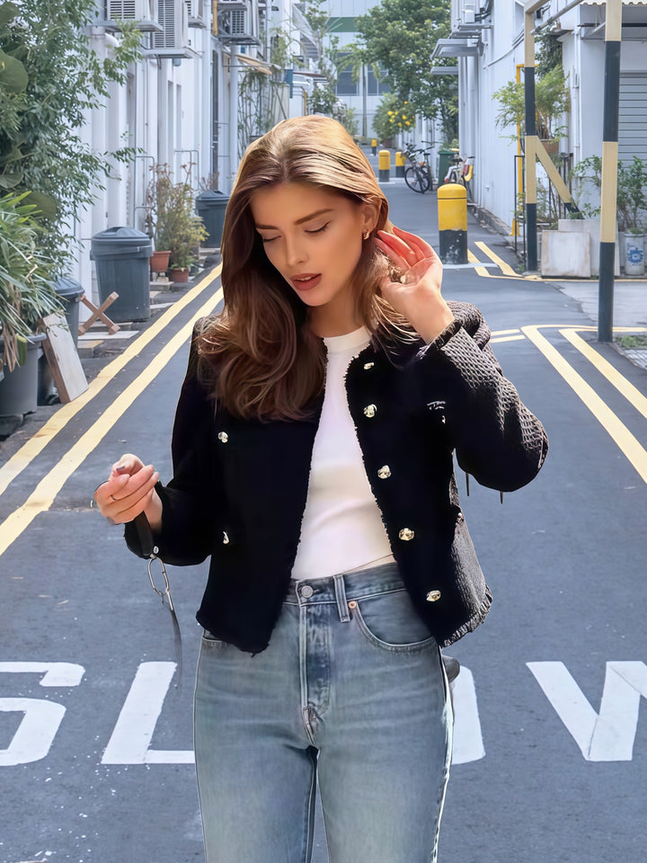 Damen Elegante kurze Jacke mit strukturiertem Design und goldenen Knöpfen Drune