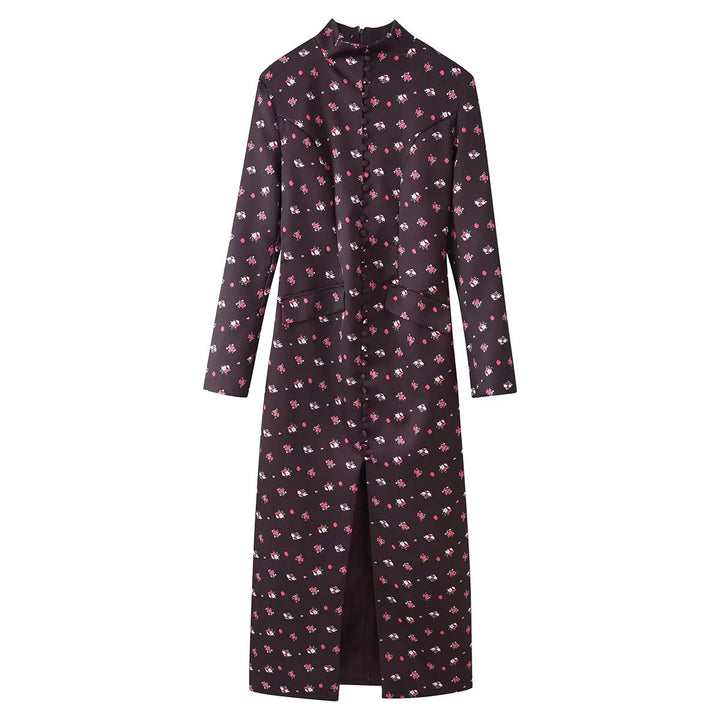 Damen nan geblümtes Maxikleid mit durchgehender Knopfleiste, Stehkragen und seitlichen Pattentaschen Drune