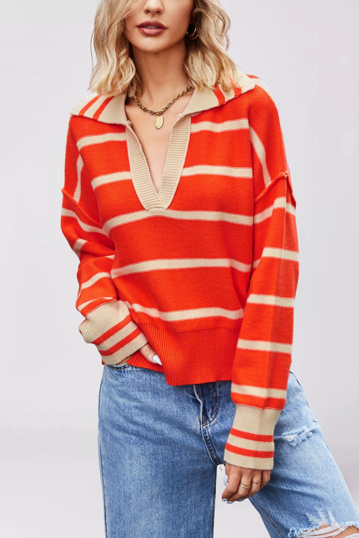 Damen lässiger Pullover mit V-Ausschnitt und breitem Streifenmuster Drune