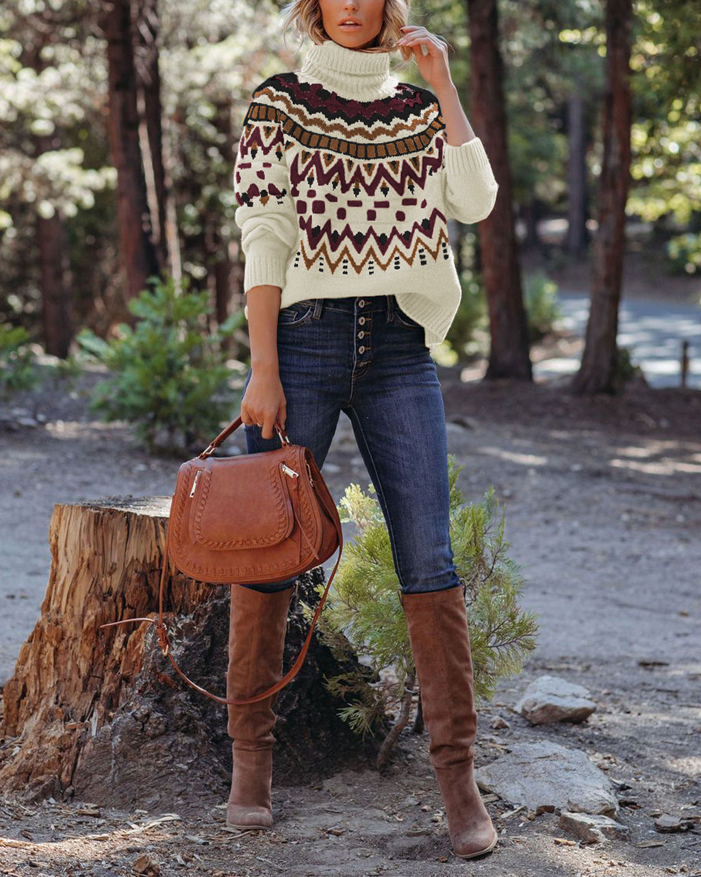 Damen Modischer Strickpullover mit Stehkragen und geometrischem Muster Drune