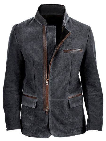 Herren Veloursleder-Fieldjacke im Fliegerstil mit Stehkragen, asymmetrischem beidseitig öffnendem Reißverschluss und kontrastierenden Lederbesätzen Drune