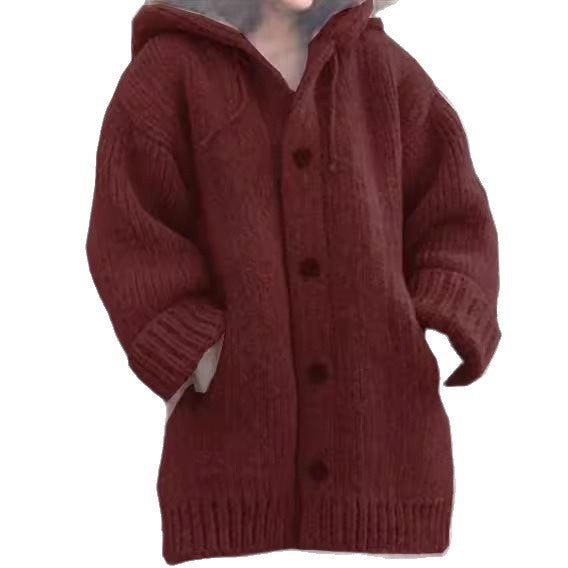 Damen weit geschnittener Kapuzen-Strickmantel mit Knopfleiste und Eingrifftaschen Drune