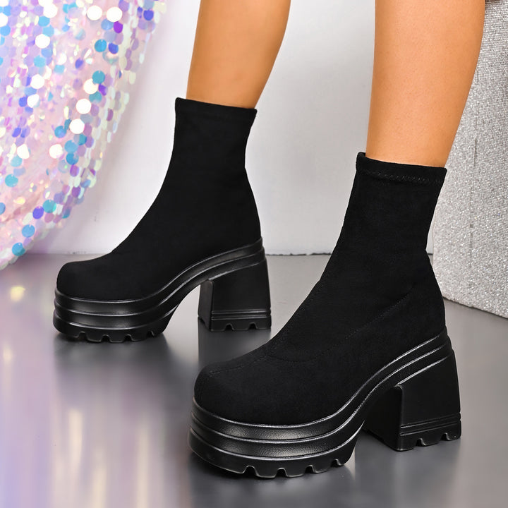 Damen Plateau Stiefeletten mit robuster Gummisohle und elastischem Schaft Drune