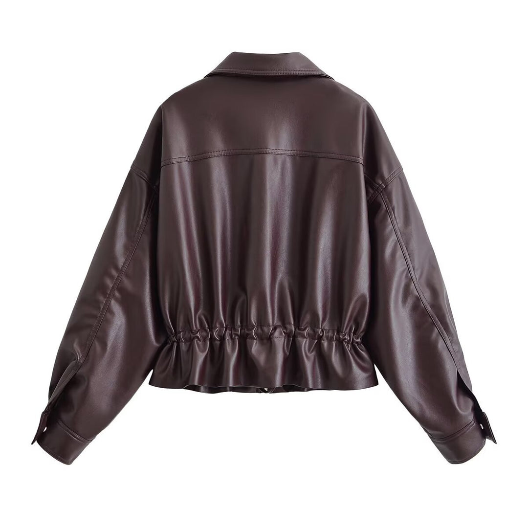 Damen Kurzjacke aus veganem Leder mit Tunnelzug und aufgesetzten Brusttaschen Drune