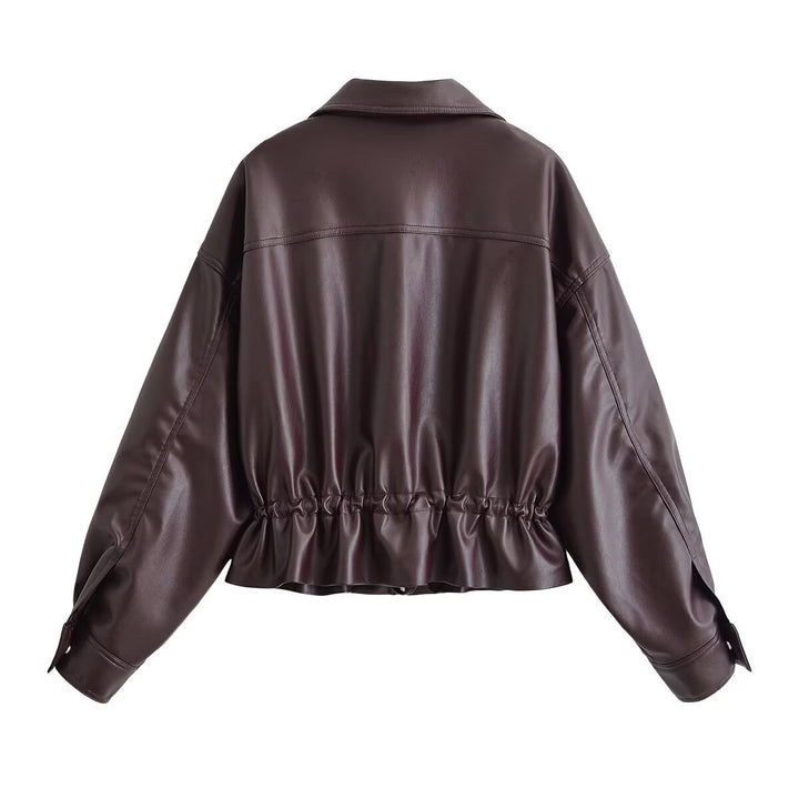 Damen Kurzjacke aus veganem Leder mit Tunnelzug und aufgesetzten Brusttaschen Drune