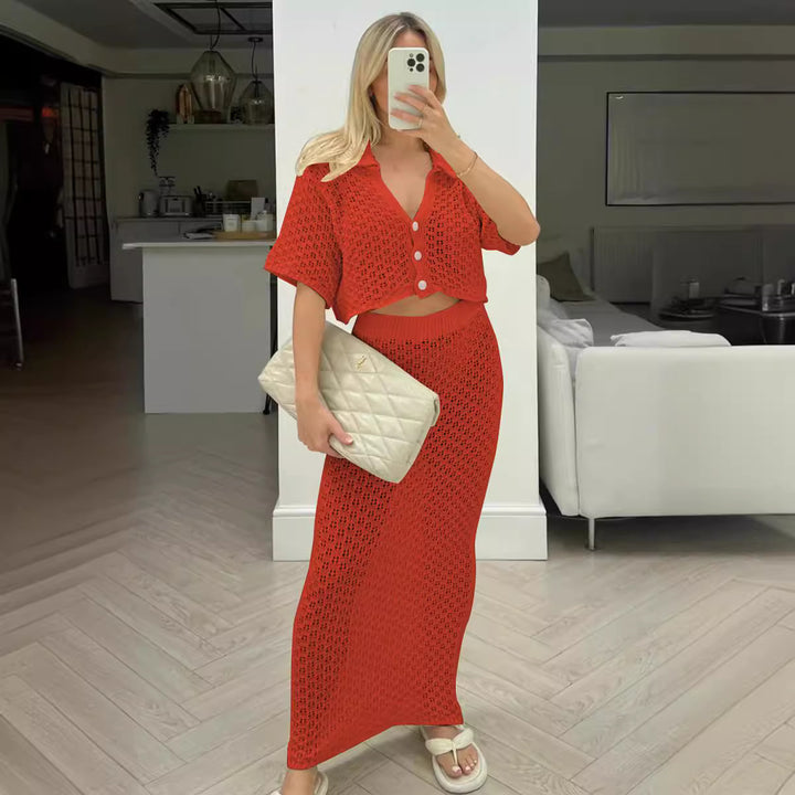 Damen Strick-Set mit offenem Cardigan und maxi Rock Drune