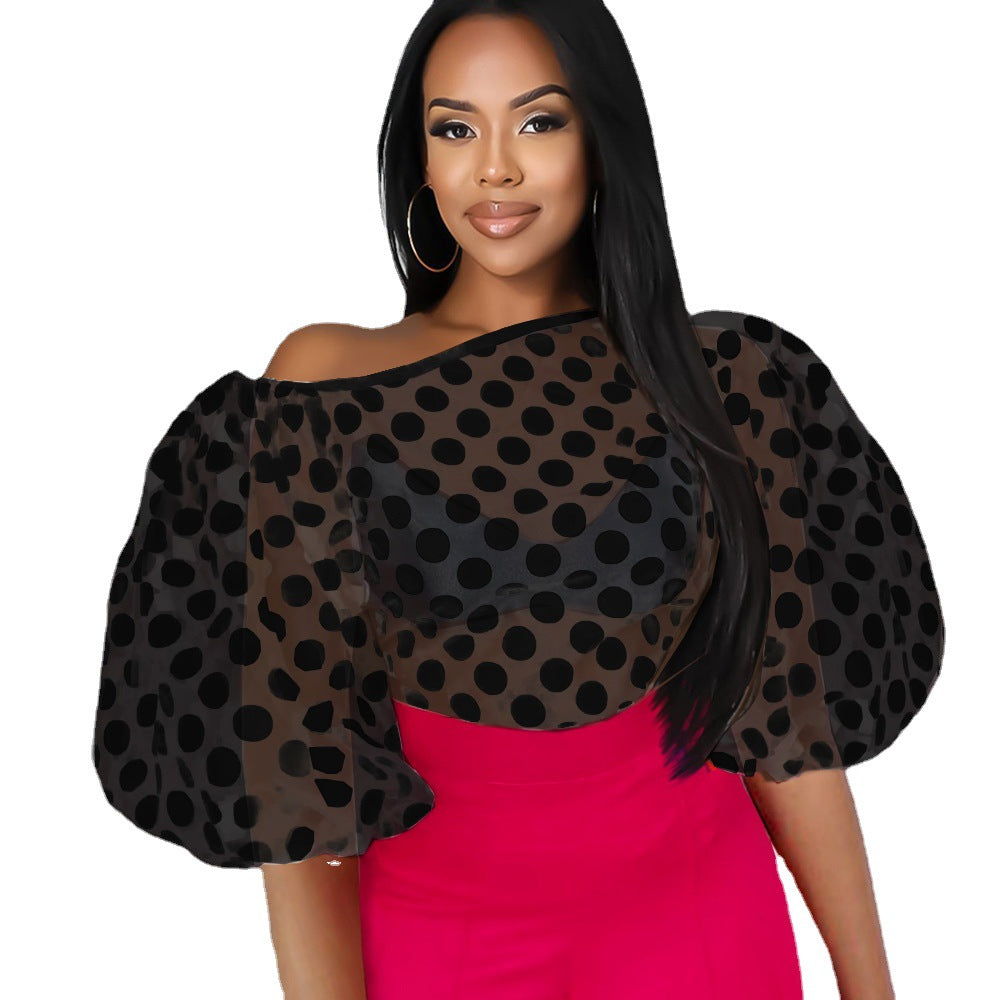 Damen Verspielte Bluse mit transparentem Polka-Punkten Design und Puffärmeln Drune