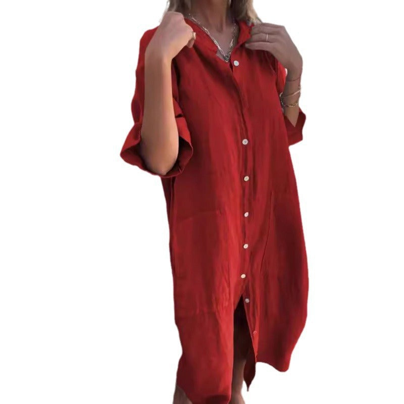 Drune | Lässiges Baumwoll-Leinen Shirtkleid mit dreiviertelärmeln