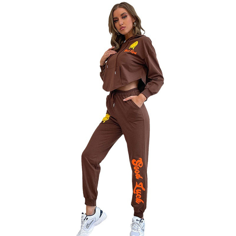 Damen Cropped Kapuzenpullover- und Jogginghose-Set mit Smiley-Print Drune