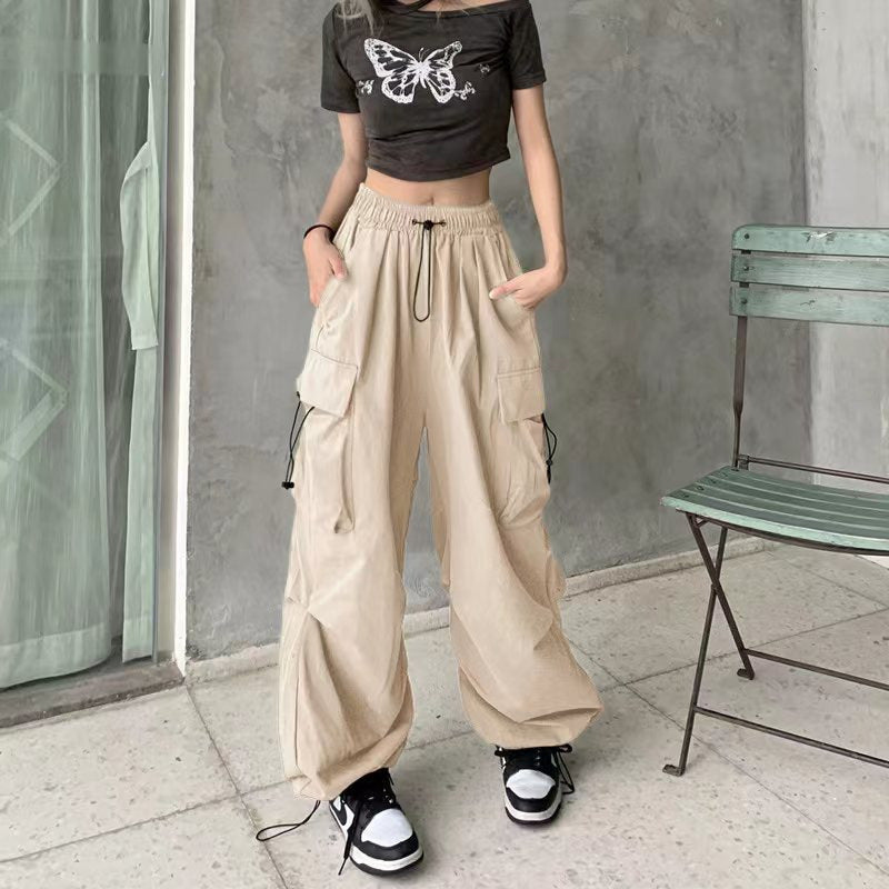 Damen nan weite Cargo-Hose mit Tunnelzugbund, verstellbarem Saum und Mehrfachtaschen Drune