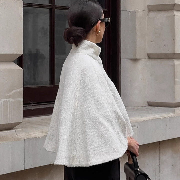 Damen Oversized Wollcape mit hohem Kragen und Knopfdetail Drune