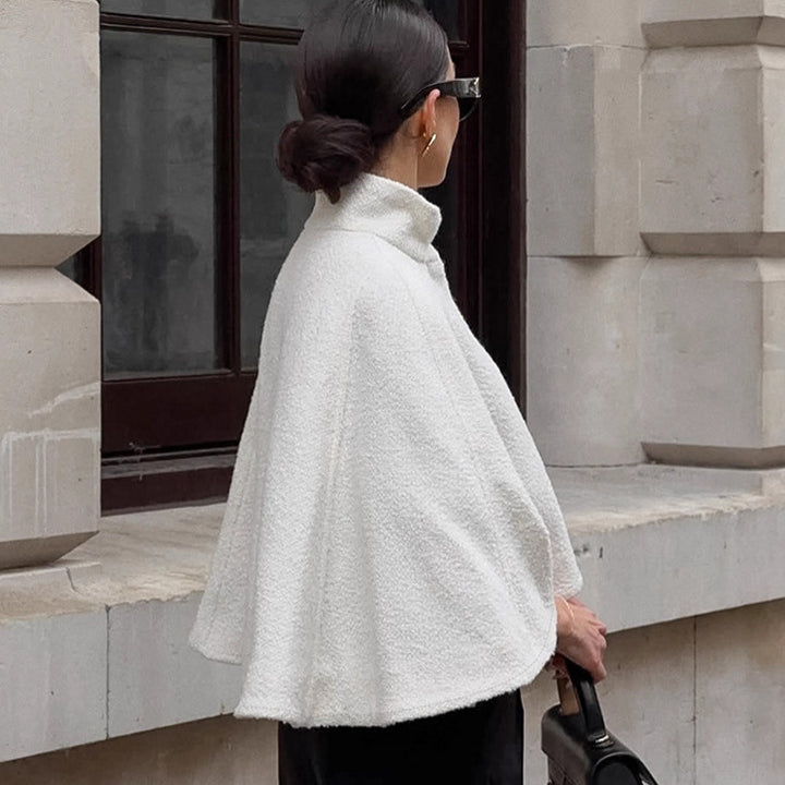 Damen Oversized Wollcape mit hohem Kragen und Knopfdetail Drune
