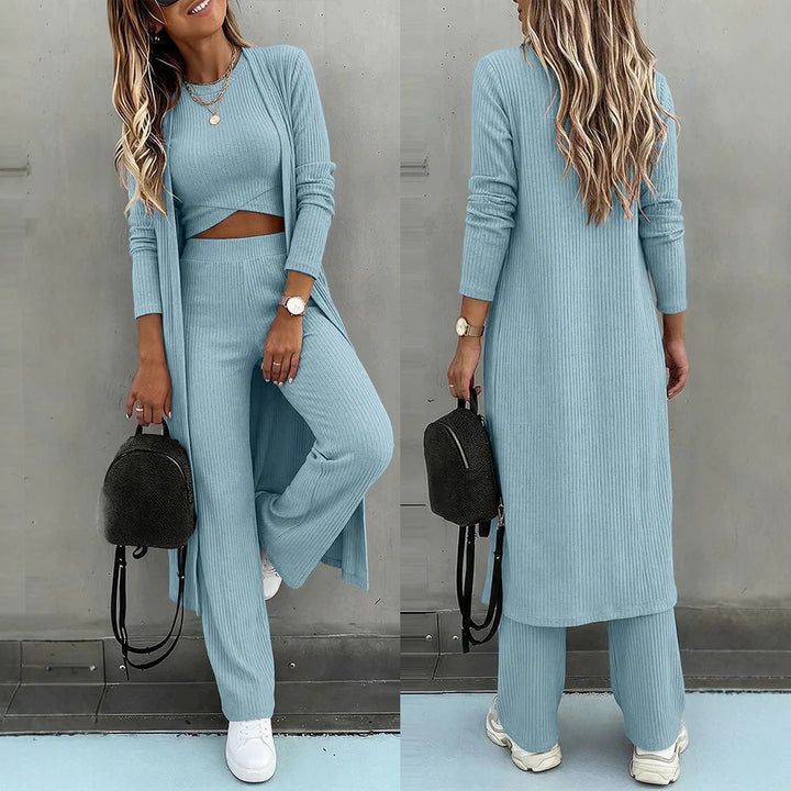 Damen Dreiteiliges Rippstrick-Loungewear-Set mit Longcardigan, bauchfreiem Top und weiter Palazzohose Drune