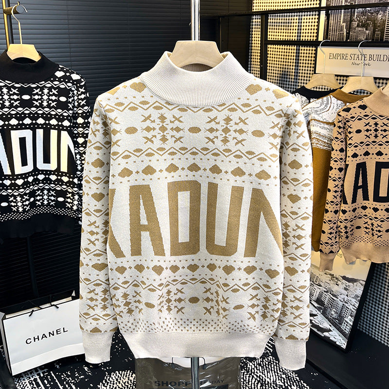 Herren Rollkragenpullover mit Norweger-Jacquard und großflächigem Logoprint Drune