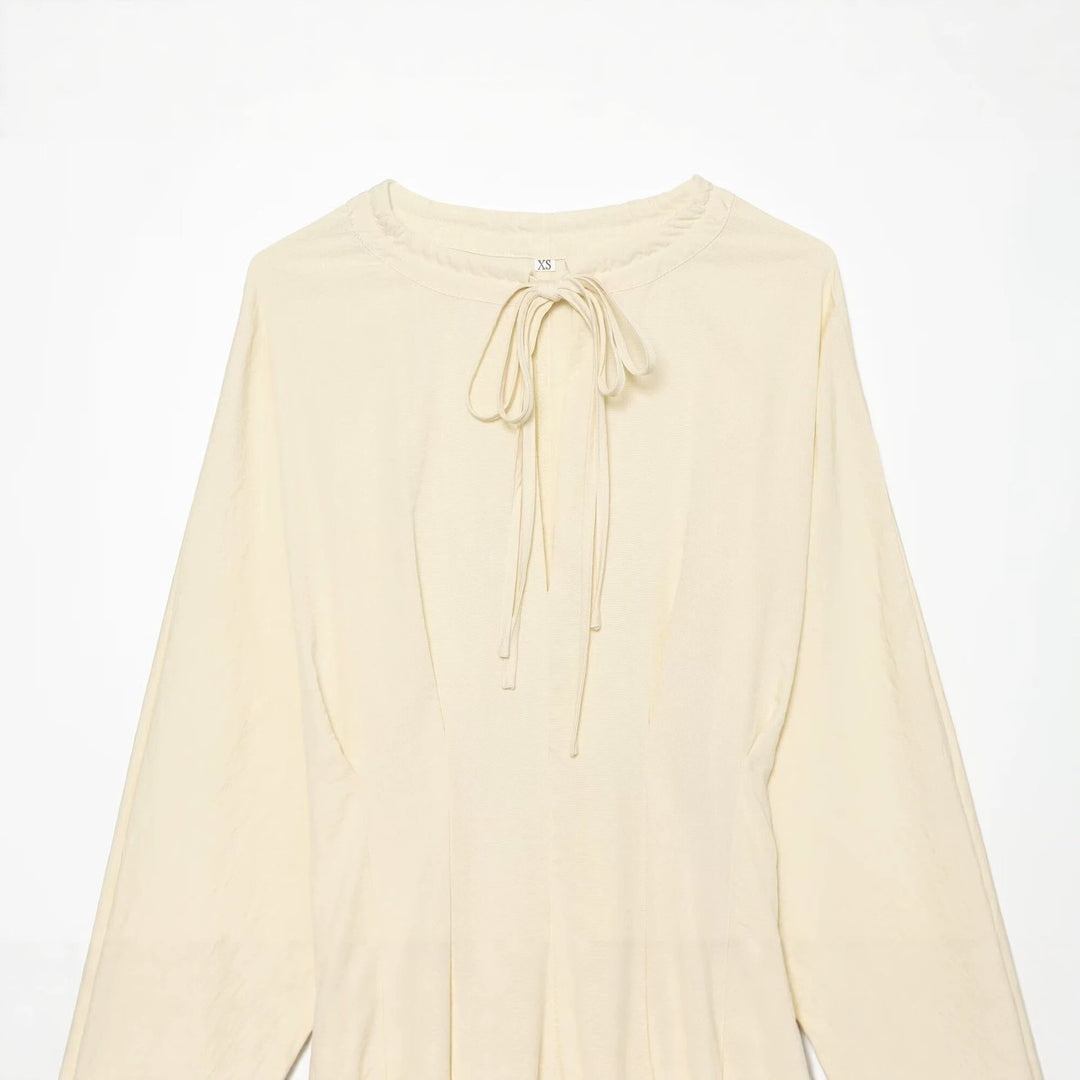 Damen Maxikleid mit Stehkragen, Bindeschal und Ballonärmeln Drune