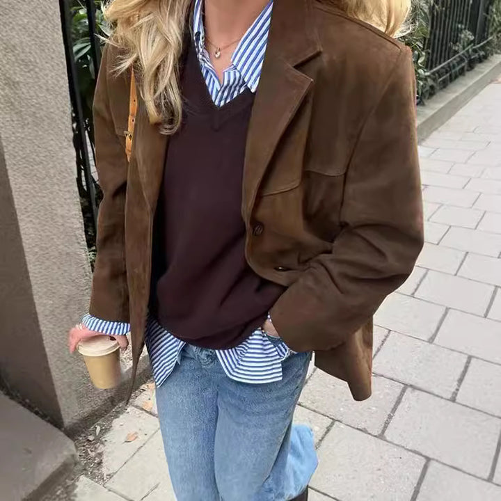 Damen Wildlederblazer im Vintage-Stil mit Taschen Drune