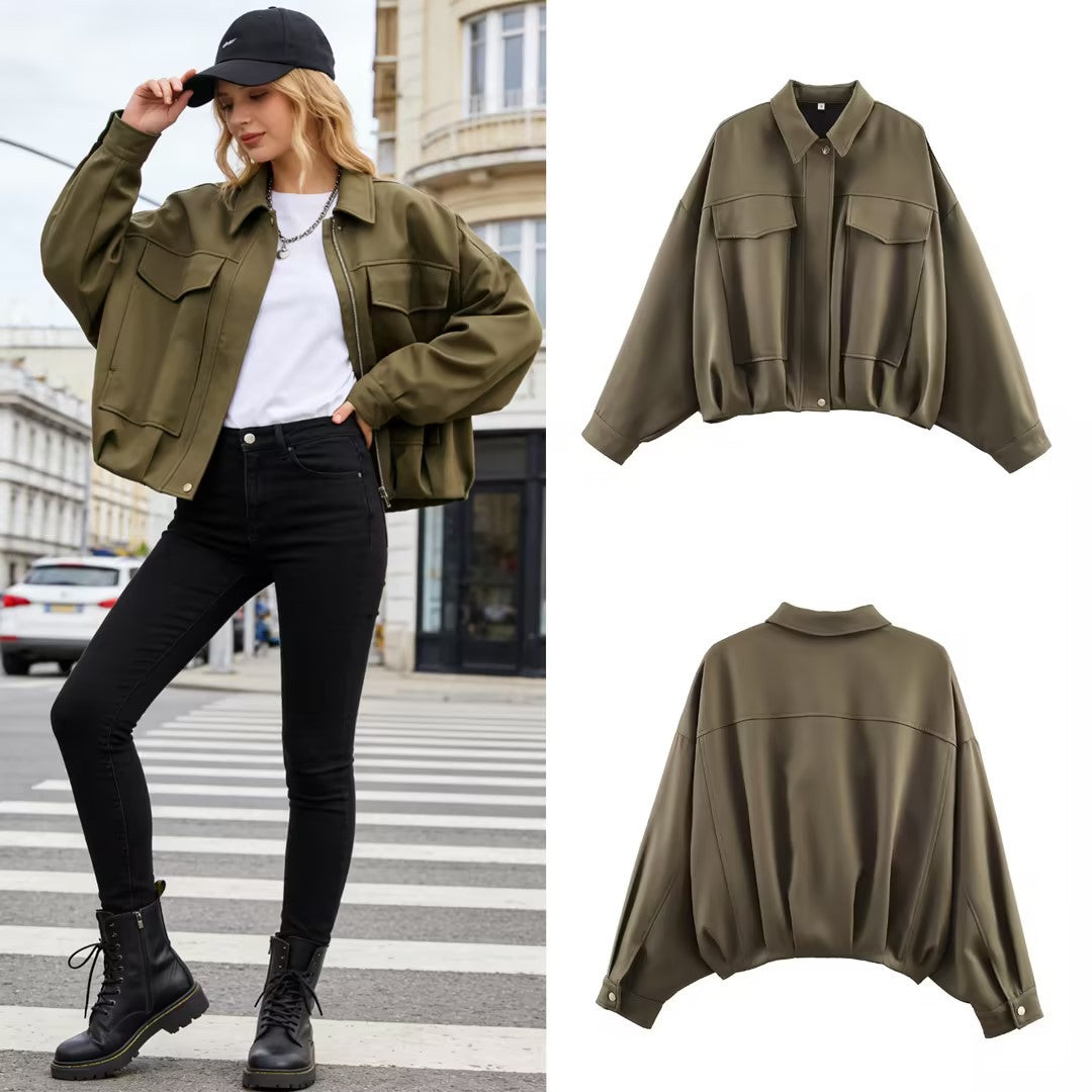 Damen Oversize Kurzjacke mit aufgesetzten Pattentaschen, Tropfenärmeln und elastischem Saum Drune