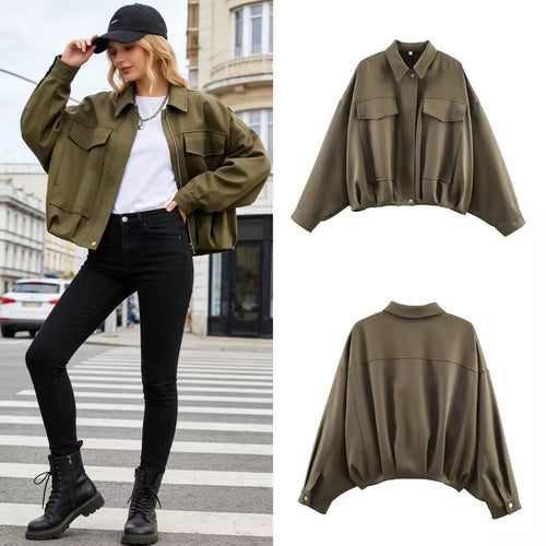 Damen Oversize Kurzjacke mit aufgesetzten Pattentaschen, Tropfenärmeln und elastischem Saum Drune