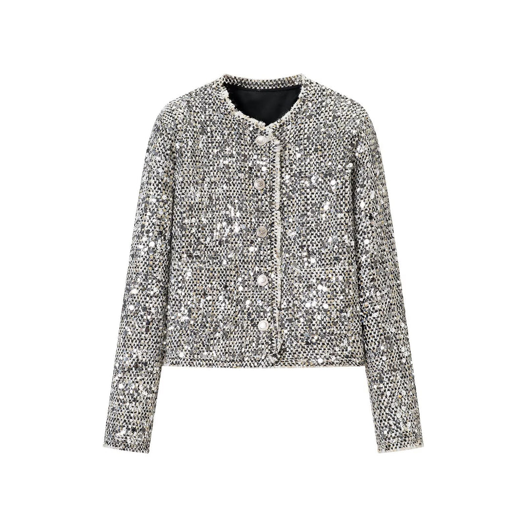 Damen Kurzjacke im Bouclé‑Stil mit Paillettenbesatz und Perlmuttknöpfen Drune