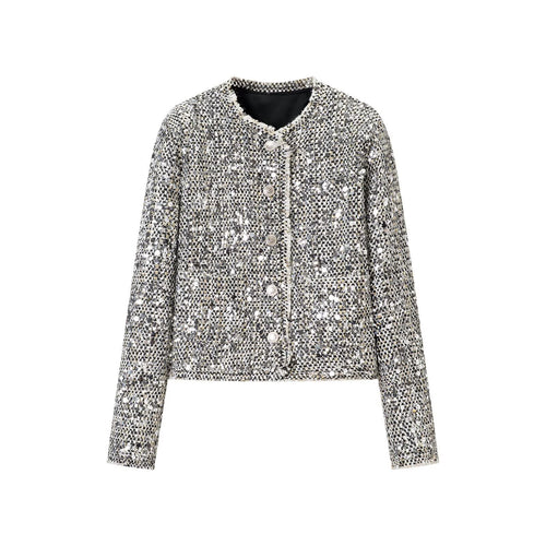 Damen Kurzjacke im Bouclé‑Stil mit Paillettenbesatz und Perlmuttknöpfen Drune