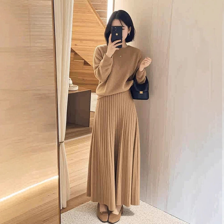 Damen Oversize-Strickpullover und plissierter Maxi-Rock Set Drune