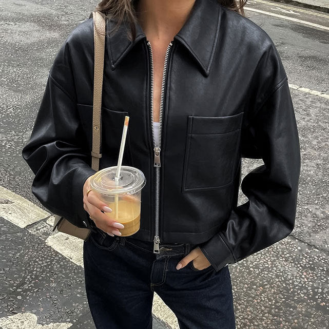 Damen Modische Cropped Kunstlederjacke mit Reißverschluss und Taschen Drune