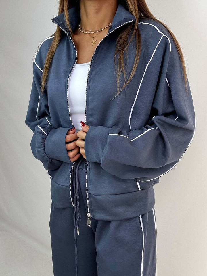 Damen sportliches Trainingsset mit stylischem Reißverschluss und modernem Streifenmuster Drune