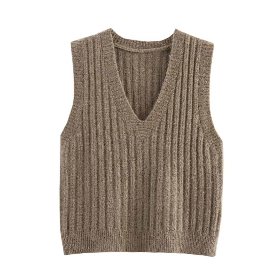 Damen V-Ausschnitt Rippenstrick Ärmelloser Pullover Drune