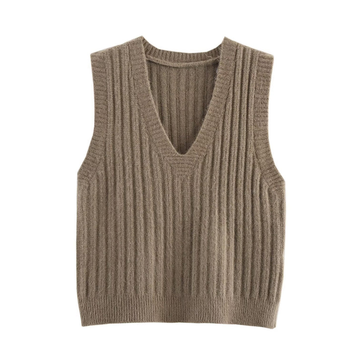 Damen V-Ausschnitt Rippenstrick Ärmelloser Pullover Drune