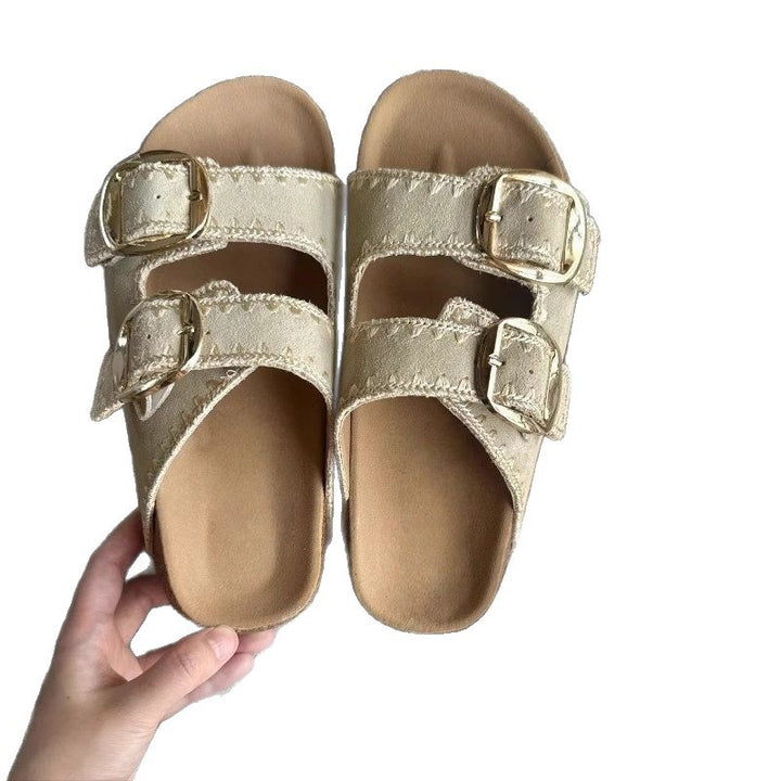 Damen Comfort-Sandalen mit zweifachen verstellbaren Riemen, gepolstertem anatomischem Fußbett und goldener Metallschnalle Drune