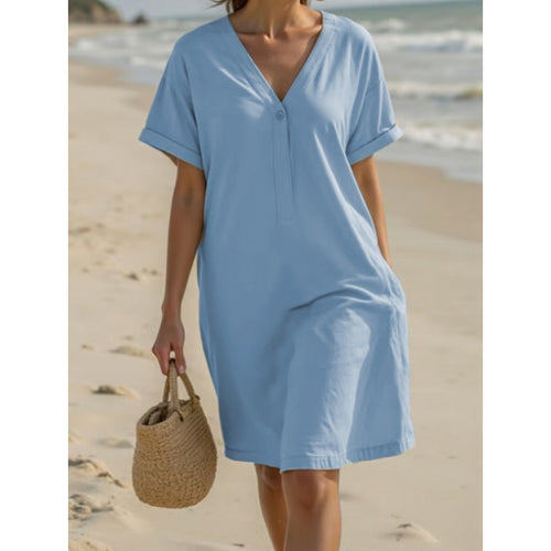 Damen Leichtes Sommerkleid mit umschlagenen Ärmeln und praktischer Knopfleiste Drune