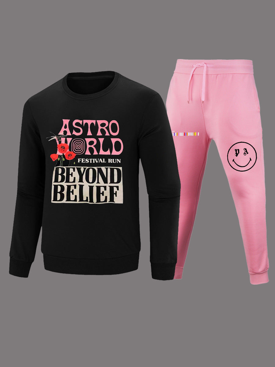 Damen Lange Ärmel T-Shirt und lockere Jogginghose Set mit auffälligem Grafikdesign Drune