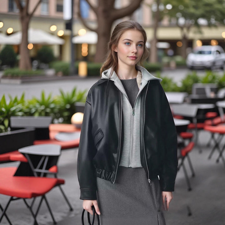 Damen Oversize Kunstleder-Blouson mit Kapuzen-Einsatz und aufgesetzten Pattentaschen Drune