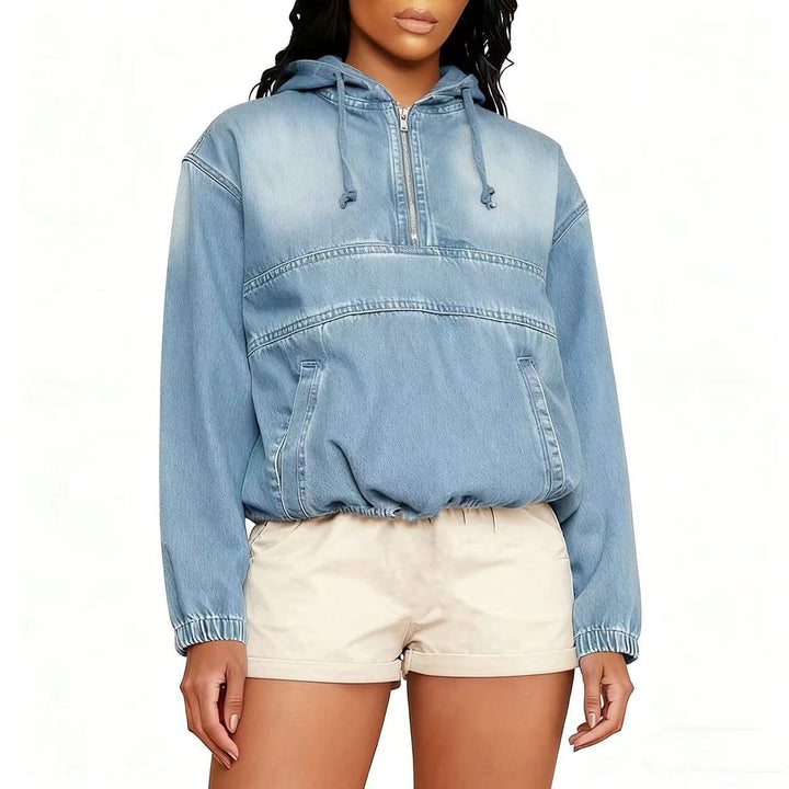 Damen Oversize Jeans-Hoodie mit halbem Reißverschluss, Kängurutasche und elastischem Saum Drune