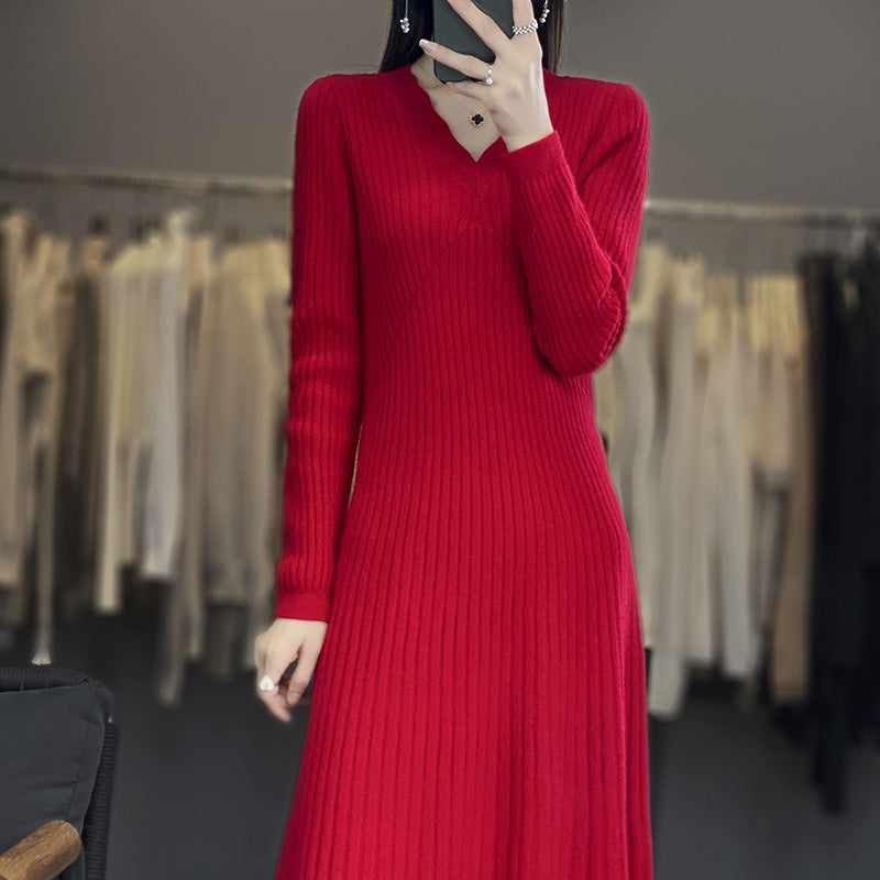 Damen Langes geripptes Strickmidikleid mit taillierter Silhouette und A‑Linien-Rock Drune