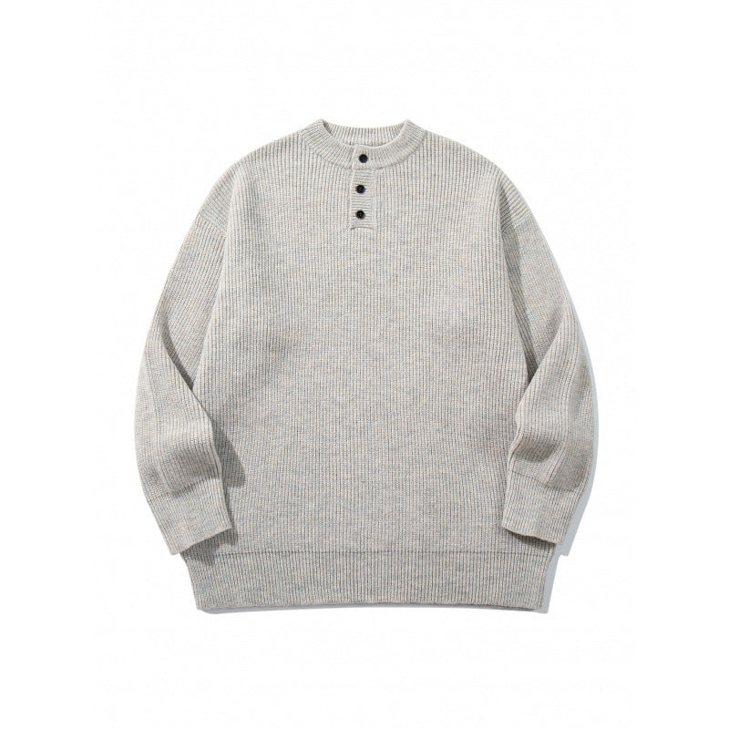 Unisex Oversize Grobstrick-Henley-Pullover mit melierter Struktur und Rippabschlüssen Drune