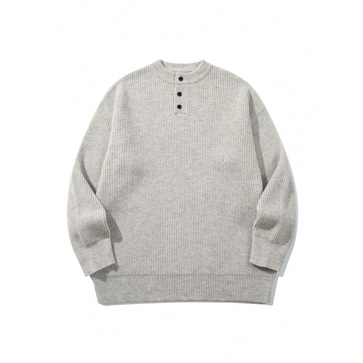 Unisex Oversize Grobstrick-Henley-Pullover mit melierter Struktur und Rippabschlüssen Drune