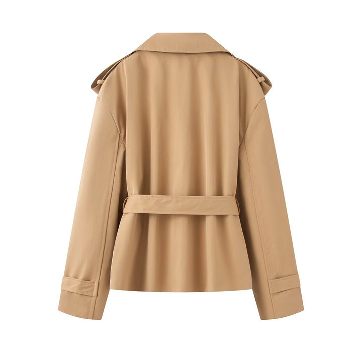 Damen Cropped-Trenchjacke mit weitem Schalkragen und Taillenbindegürtel Drune