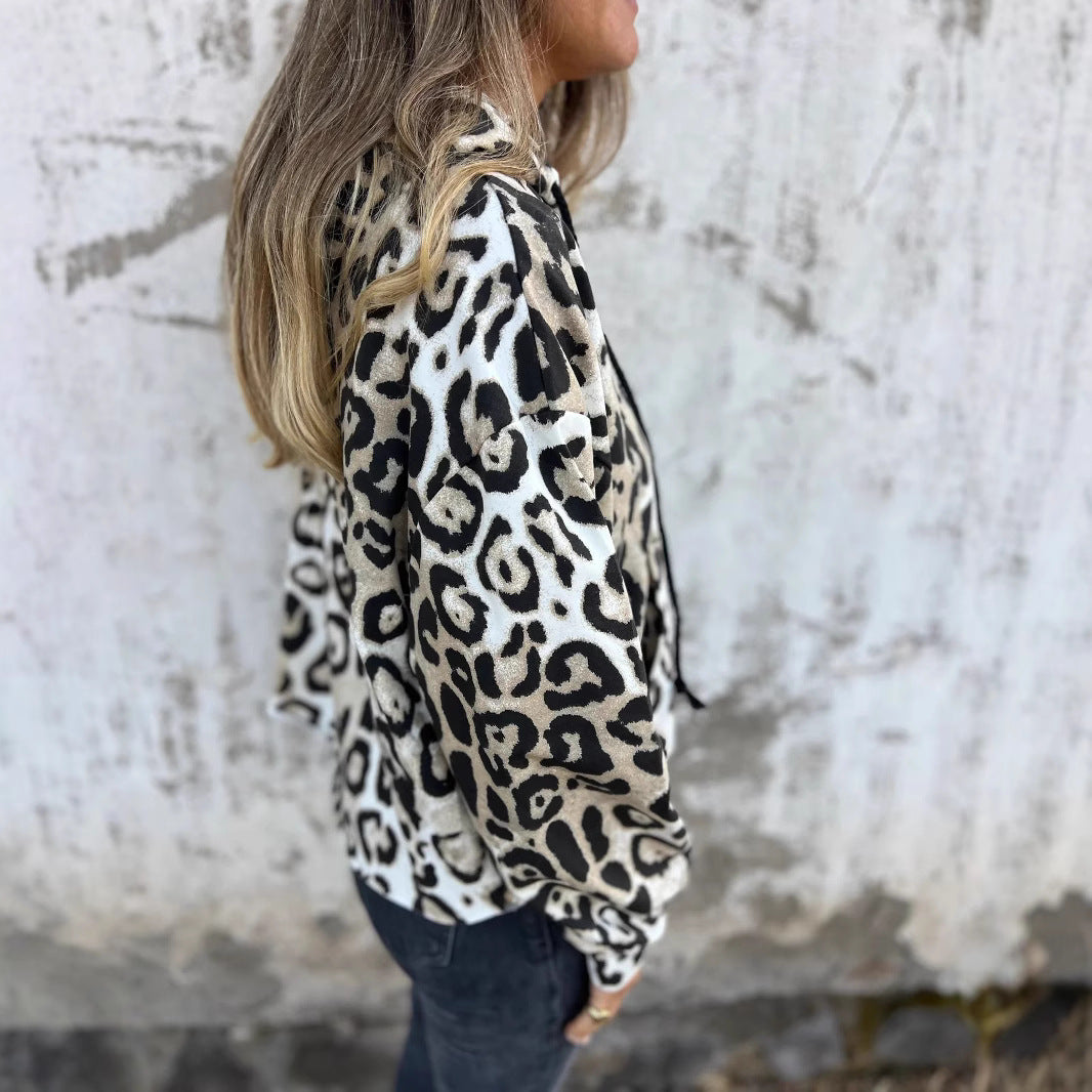 Damen Kapuzenpullover mit lässigem Leopardenmuster und praktischen Seitentaschen Drune