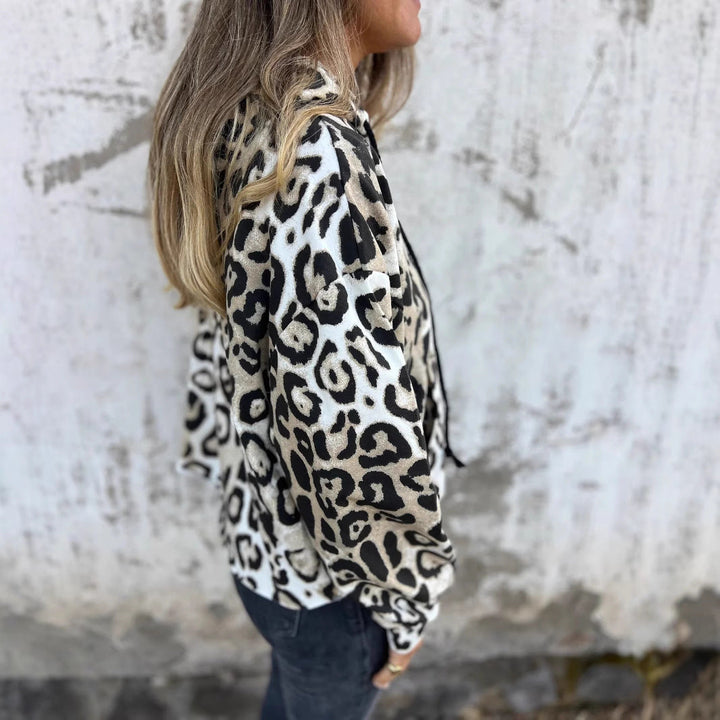 Damen Kapuzenpullover mit lässigem Leopardenmuster und praktischen Seitentaschen Drune