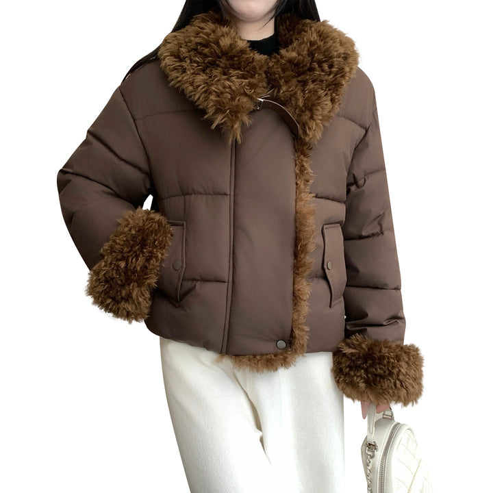 Damen nan kurze Oversize-Pufferjacke mit Teddyfutter, Umlegekragen und Schnallenverschluss Drune
