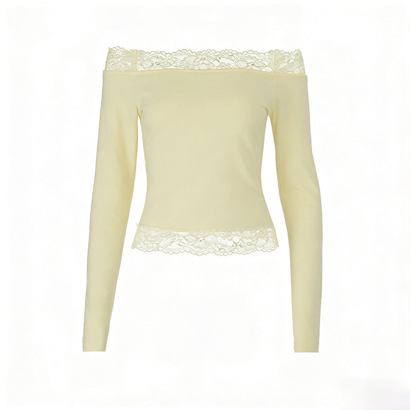 Damen elegantes Off-Shoulder Shirt mit Spitzenbesatz Drune