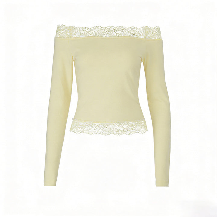 Damen elegantes Off-Shoulder Shirt mit Spitzenbesatz Drune