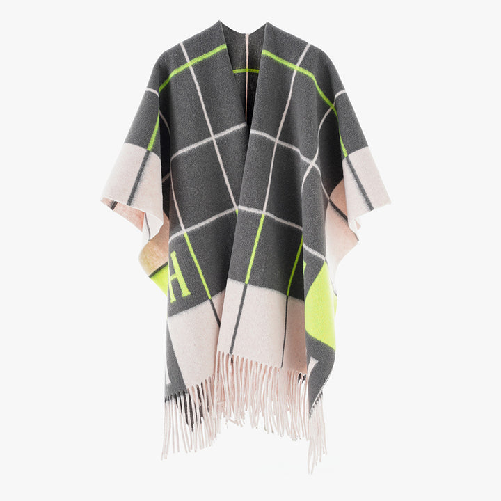 Damen Oversize-Überwurf aus Wollmix mit Monogramm-Karomuster und Fransensaum Drune