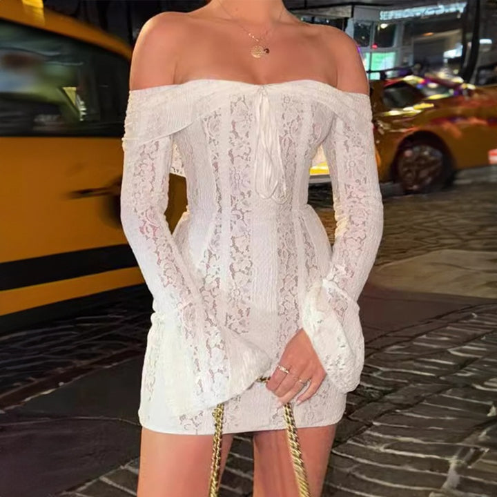 Damen Spitzenoberteil mit Off-Shoulder Design und langen Ärmeln Drune