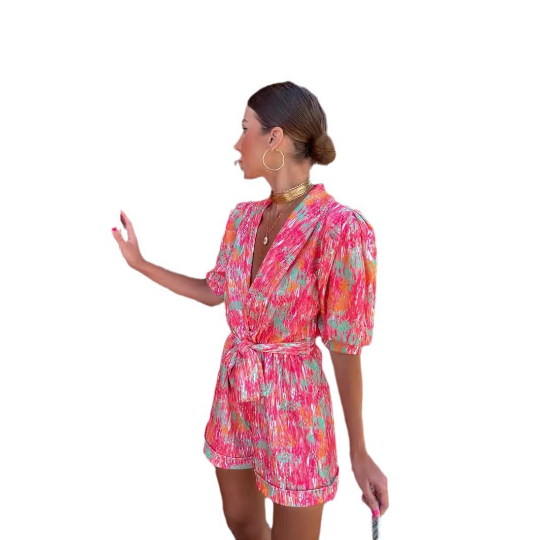 Damen Eleganter Jumpsuit mit tiefem V-Ausschnitt und knöpfbarem Gürtel Drune