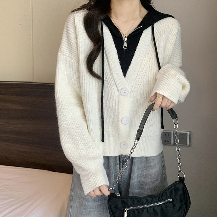 Damen lässiger Strickcardigan mit Kapuzendetail und Knopfverschluss Drune
